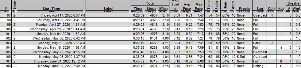 Example of the "easy runs" table in JordanRunner's Journal